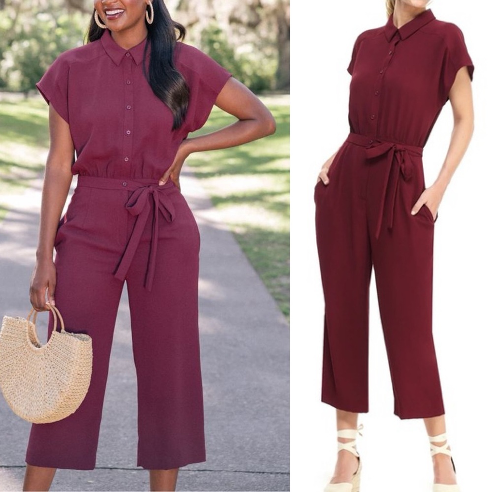 Gal Meets Glam Raina Wine Burgundy Wide Leg Tied Jumpsuit